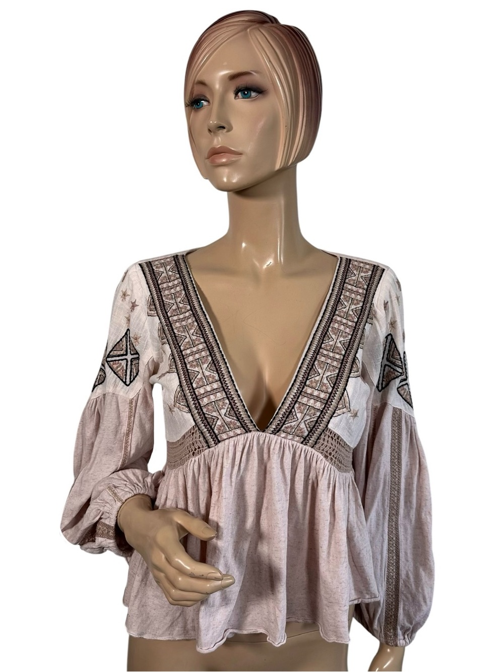 Free People Pink Embroidered Crochet Peasant Blouse Balloon Sleeve Small